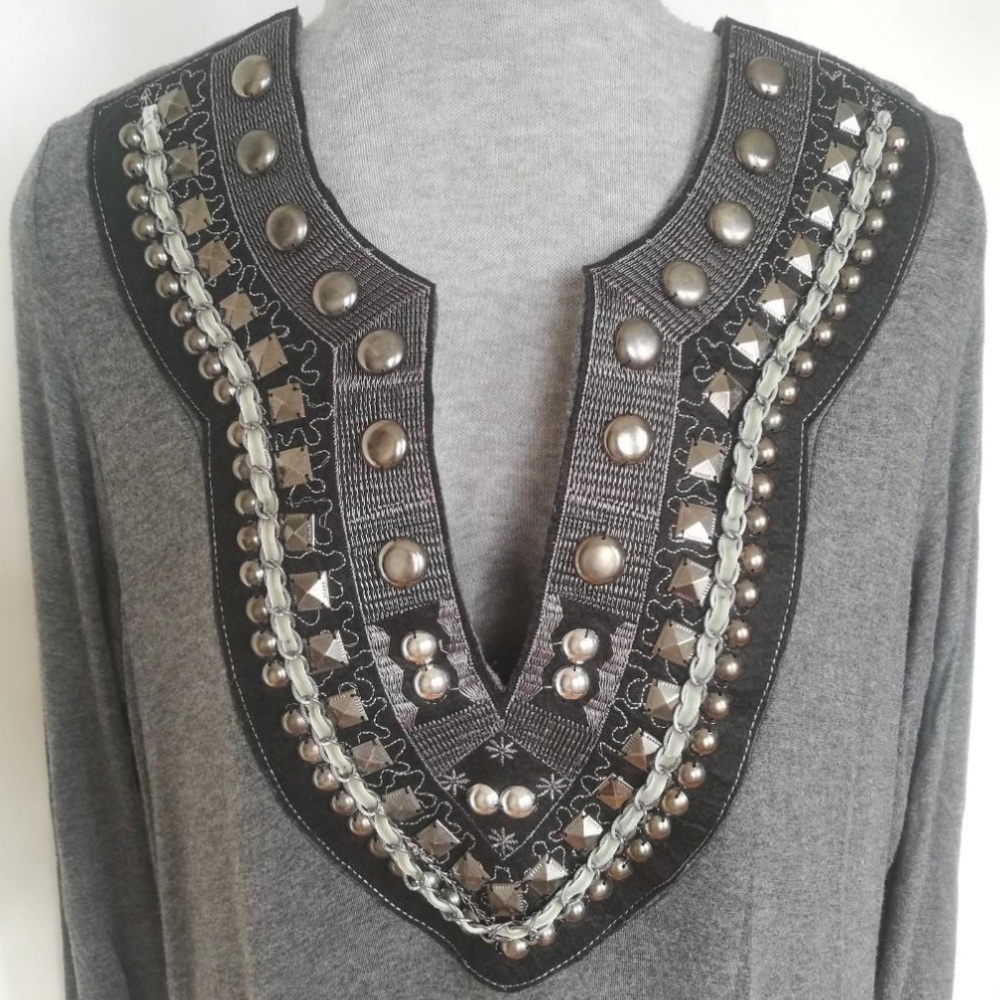 Embellished Stud Long Sleeve Top V Neck Funky Lightweight